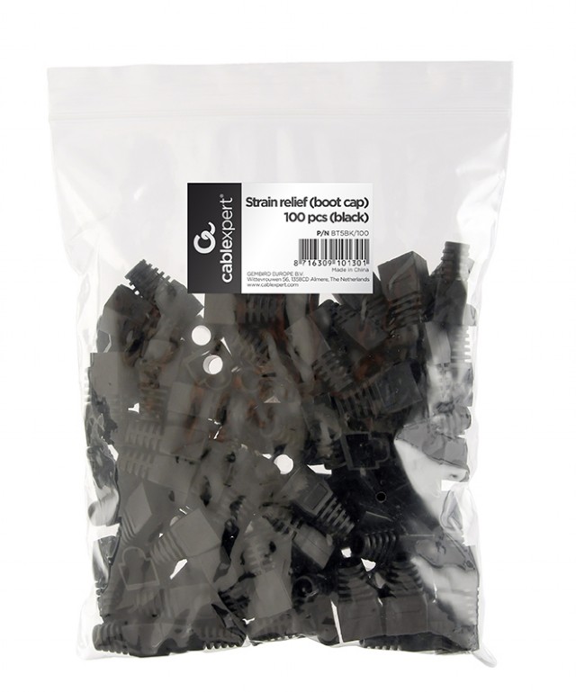ქსელის ჯეკის საფარი შავი Gembird plastic boot cap with integrated strain relief 100 ც (BT5BK/100)