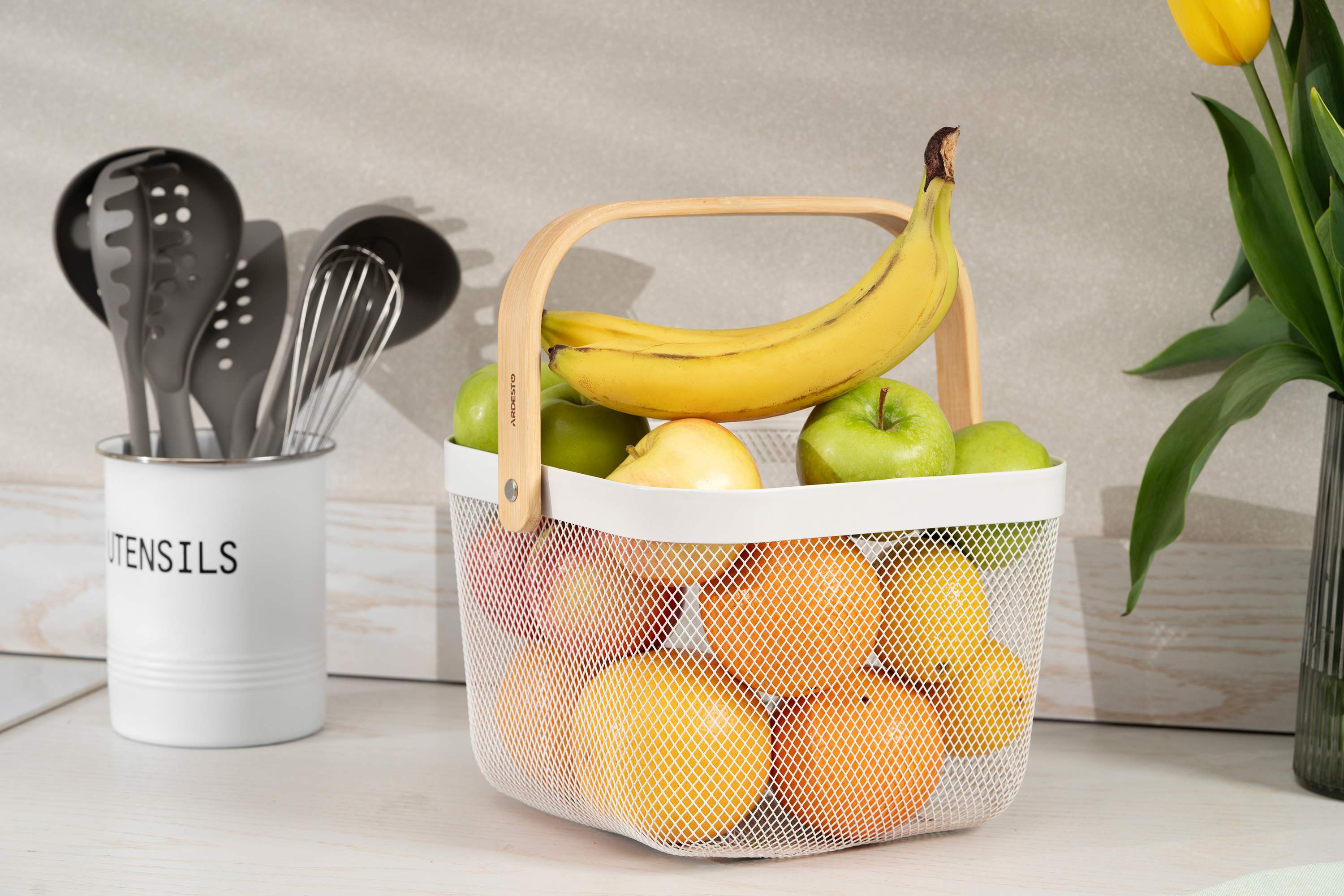 ხილის კალათა Ardesto Basket with handle Midori 25х24.5х18cm, metal, wood, white