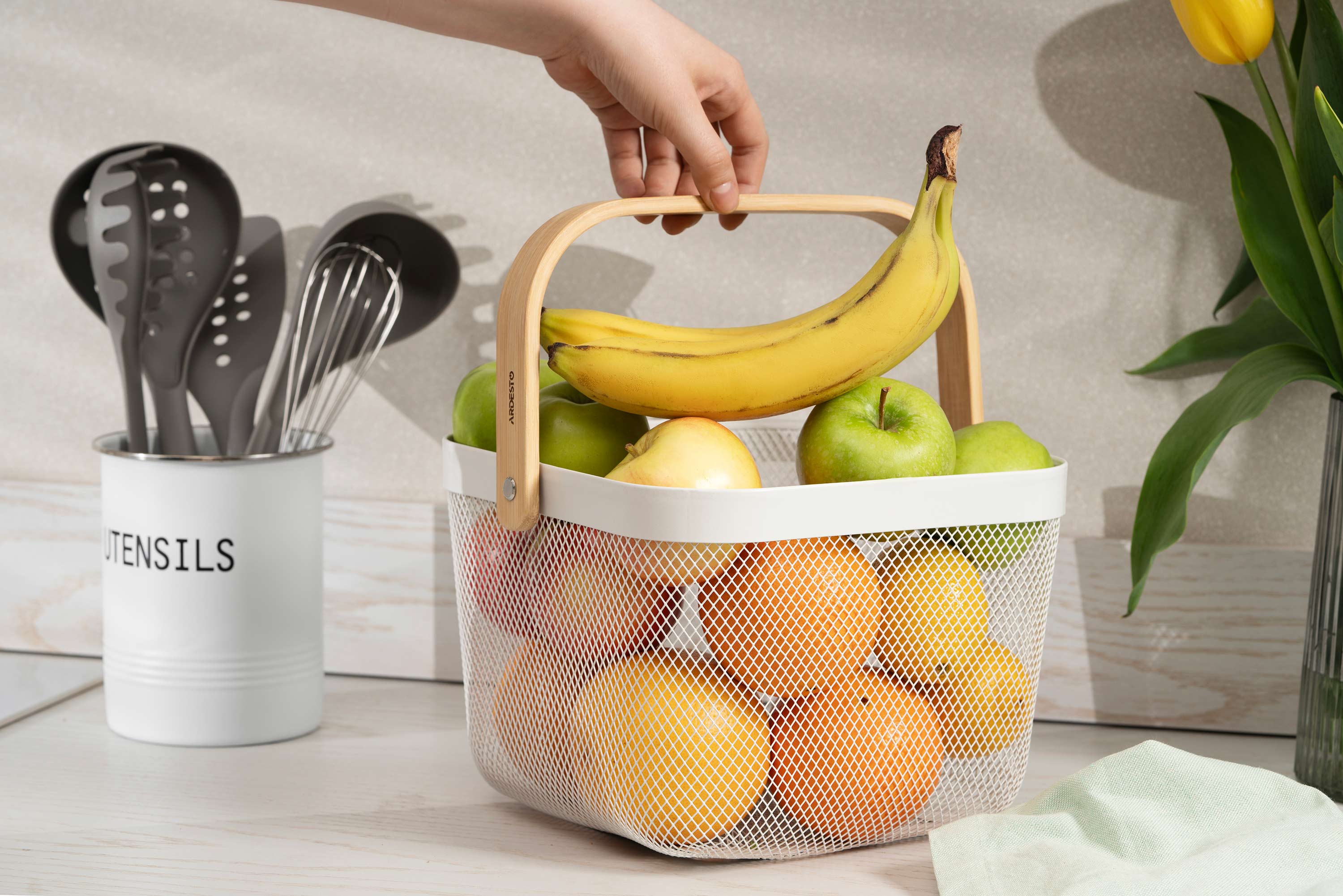 ხილის კალათა Ardesto Basket with handle Midori 25х24.5х18cm, metal, wood, white