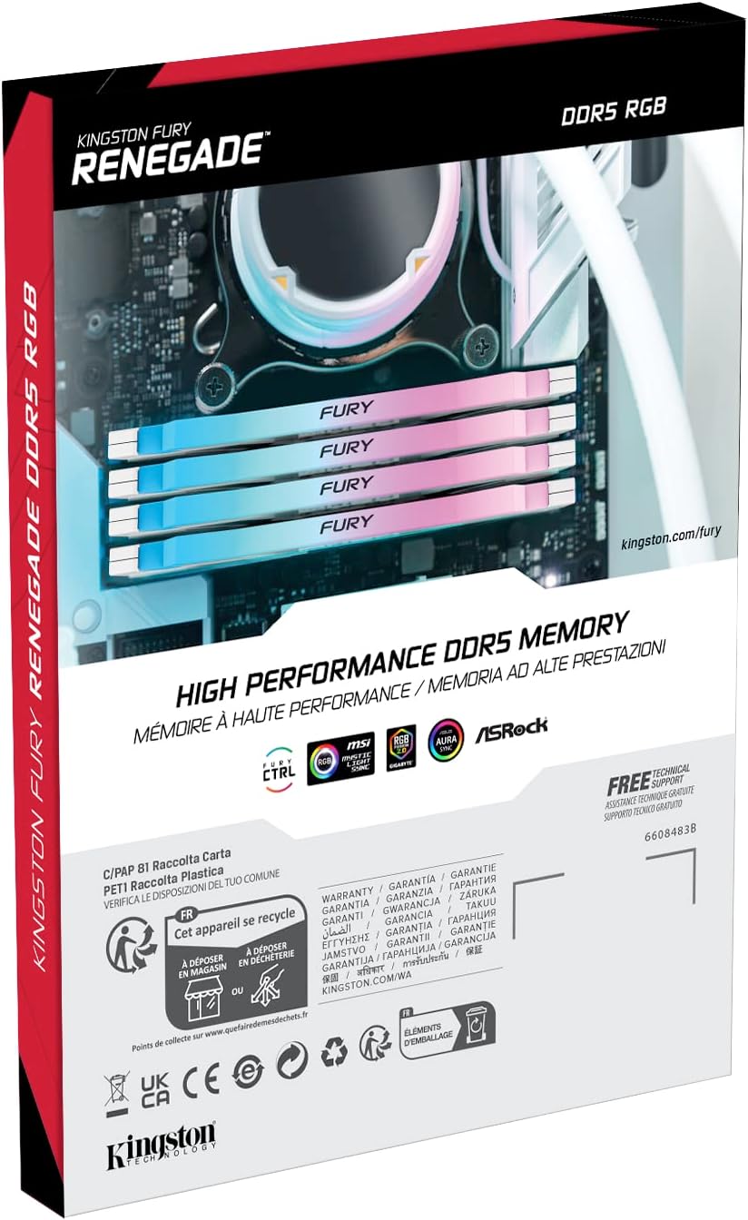 ოპერატიული მეხსიერება Kingston Fury Renegade White RGB XMP 16GB 8000MT/s DDR5 CL38 DIMM Desktop Gaming Memory - KF580C38RWA-16