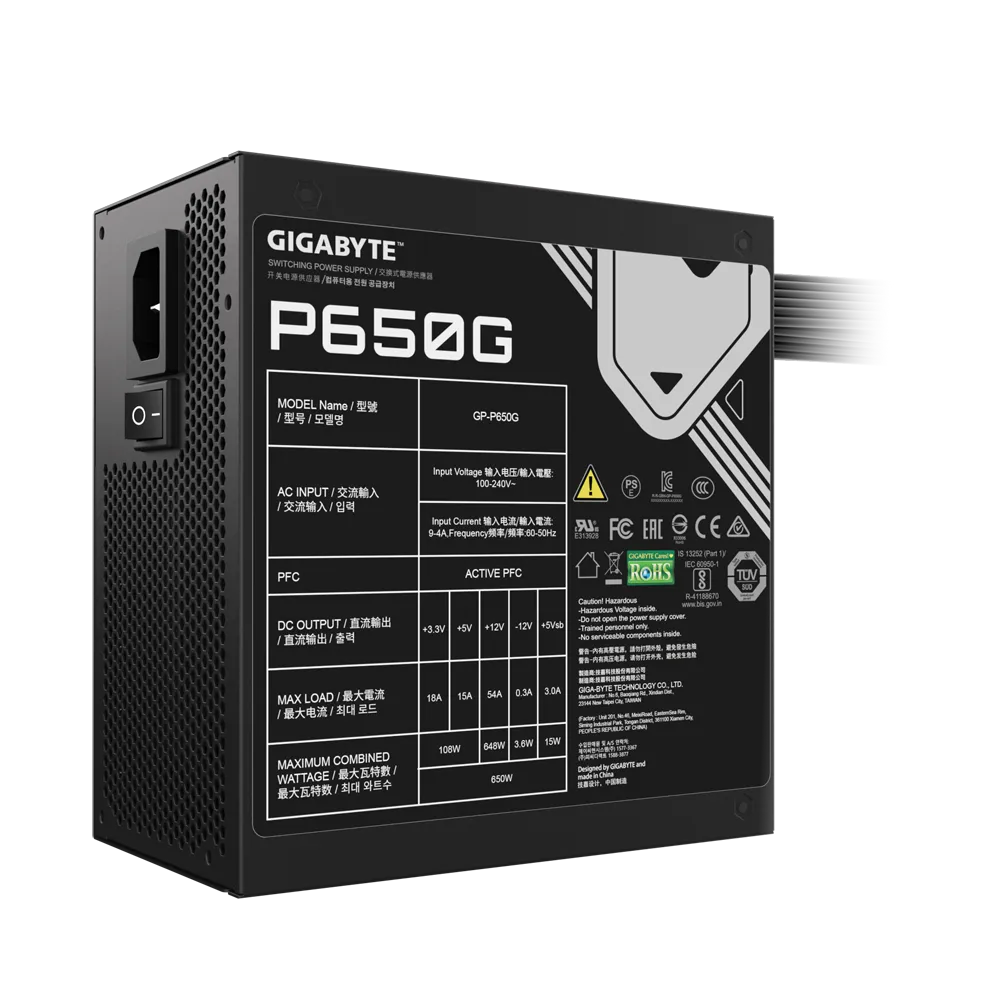 კვების ბლოკი GIGABYTE P650G (GP-P650G) | 650W , 80 PLUS Gold Active , PFC(>0.9 typical) , 120mm Hydraulic Bearing (HYB) Fan , OVP/OPP/SCP/UVP/OCP/OTP