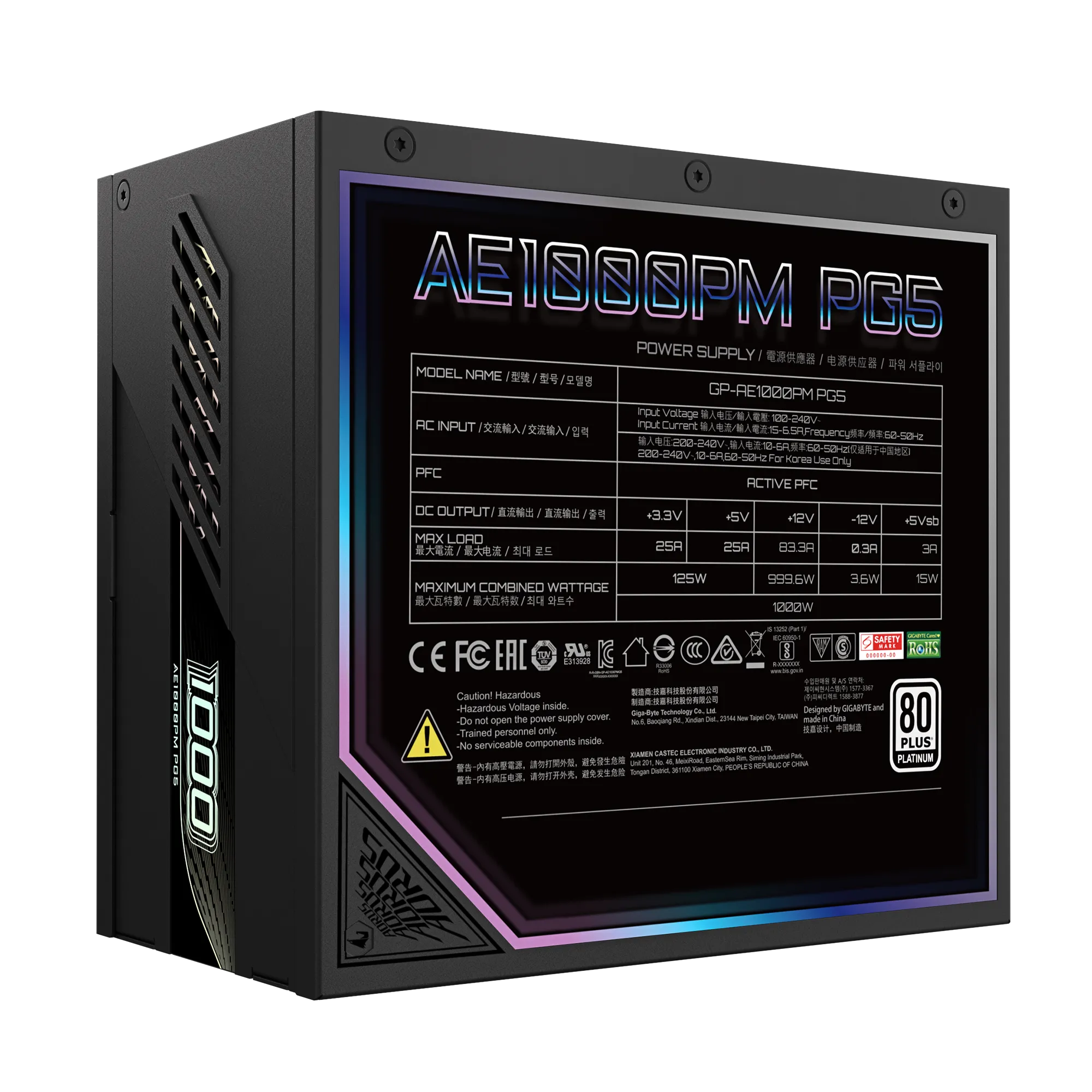 კვების ბლოკი 1000W Gigabyte AORUS GP-AE1000PM PG5 1000W power, ATX12V 3.0, active PFC, 120mm fan, 80 PLUS Platinum certification, detachable cables (GP-AE1000PM_PG5)