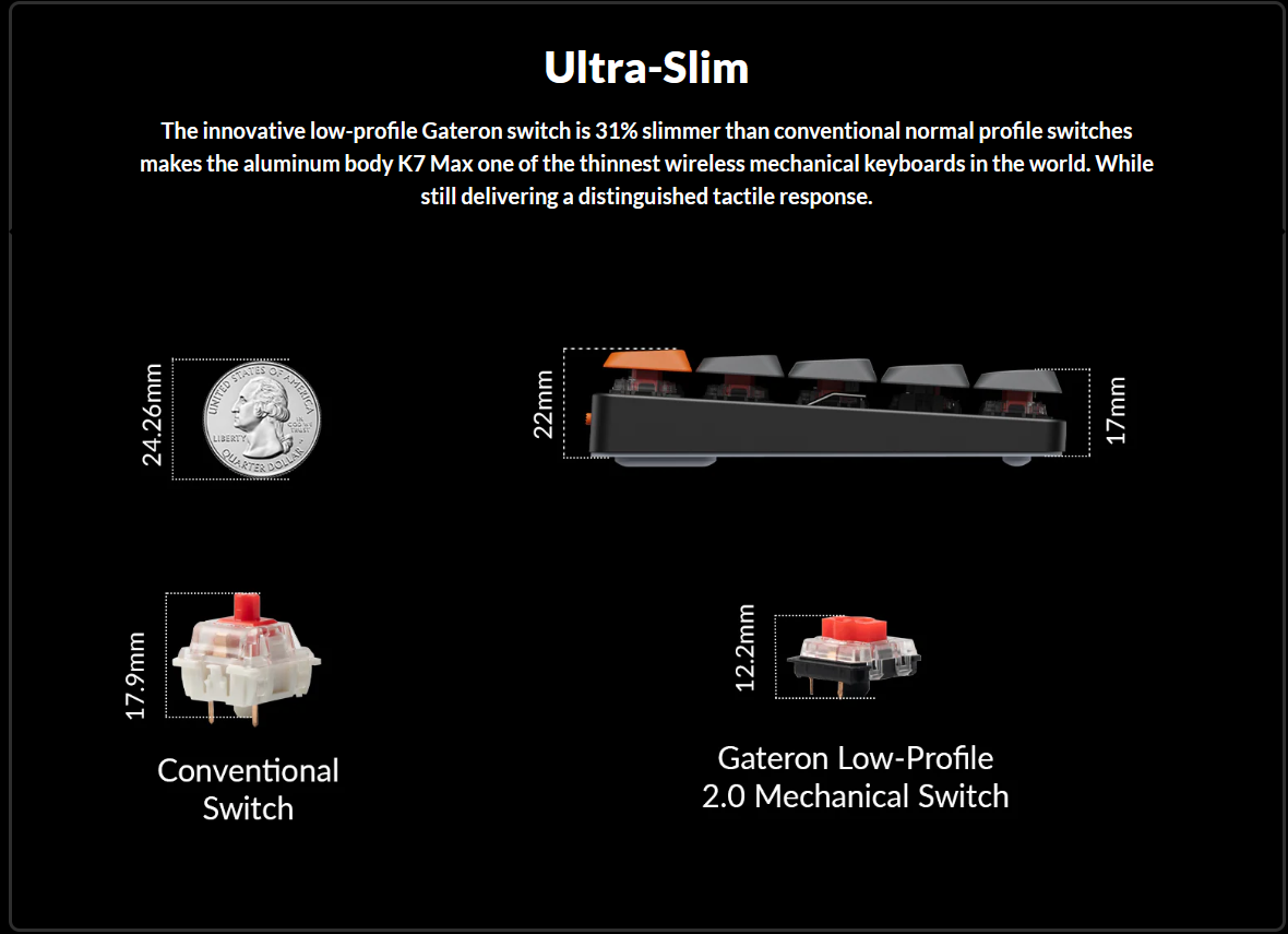 Mechanical keyboard Keychron K7 Max 84 keys, Gateron Red, WL/BT/USB-A, RGB, black