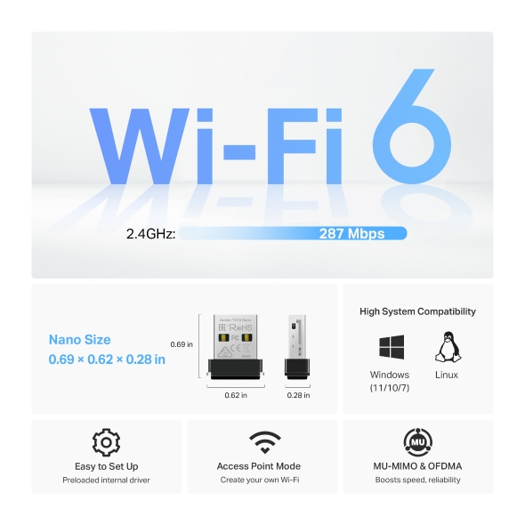 USB WiFi ადაპტერი Archer TX1U Nano, TPLINK, USB Adapter, AX300 Nano Wi-Fi 6 Wireless, 2.4GHz USB 2.0, IEEE 802.11 b/g/n/ax