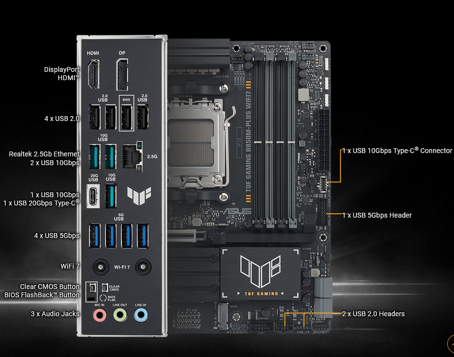 დედა დაფა ASUS Motherboard TUF GAMING B850M-PLUS WIFI7 sAM5 B850 4xDDR5 M.2 HDMI DP Wi-Fi BT mATX