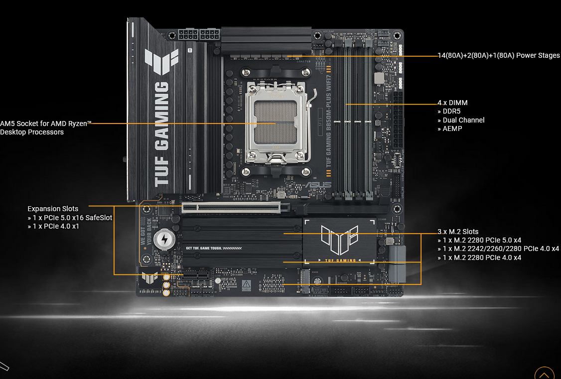 დედა დაფა ASUS Motherboard TUF GAMING B850M-PLUS WIFI7 sAM5 B850 4xDDR5 M.2 HDMI DP Wi-Fi BT mATX