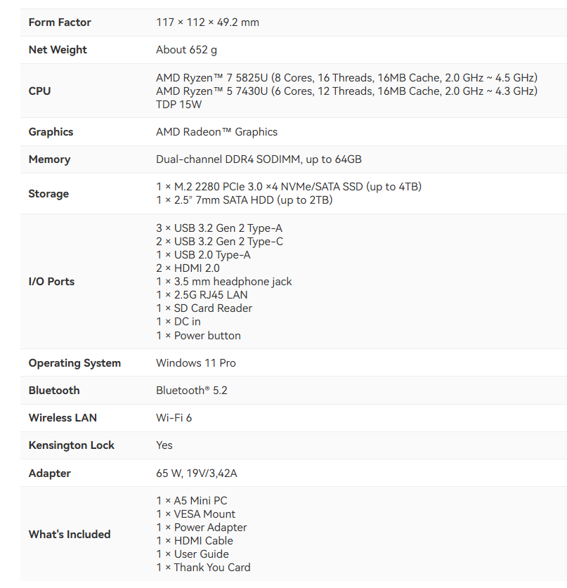 მინი კომპიუტერი GEEKOM A5 Mini PC AMD Ryzen™5 7430U (16G RAM+ 512 SSD/ WIN11 Pro and Key Pre-Installed) (SKU : GMA5R5 7430U-16512-EU)