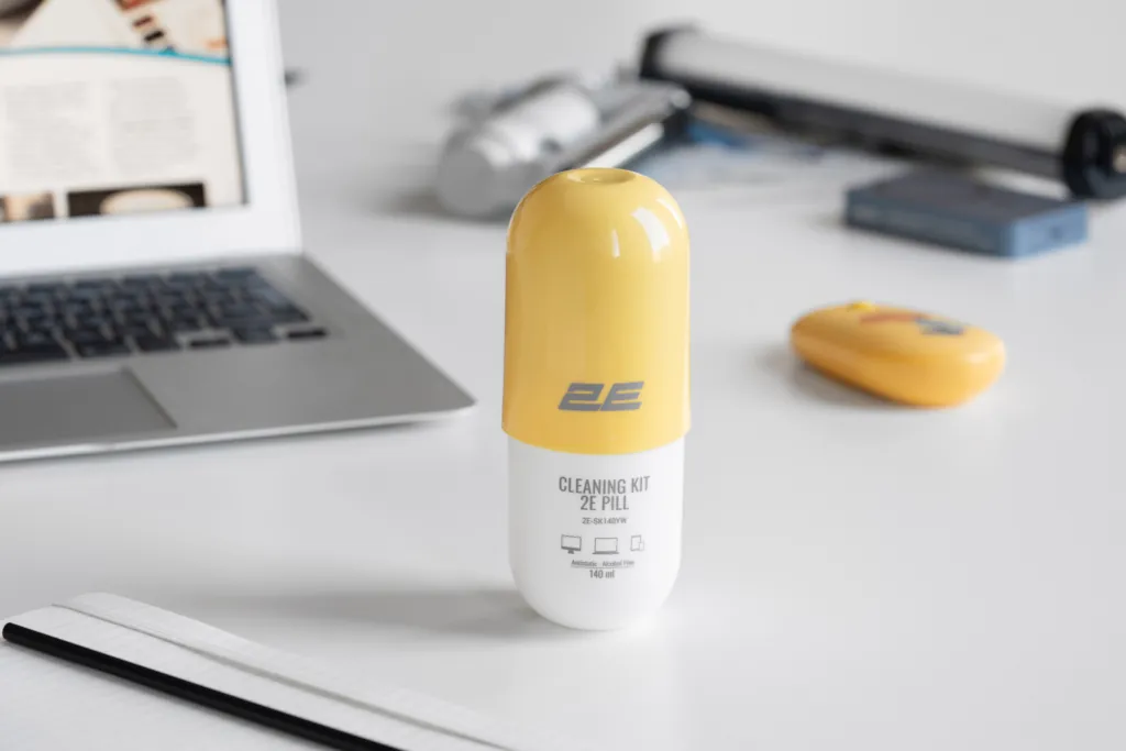 საწმენდი სითხე Cleaning kit 2E PILL for office equipment (liquid 140ml, whipe 20cm), white-yellow (2E-SK140YW)