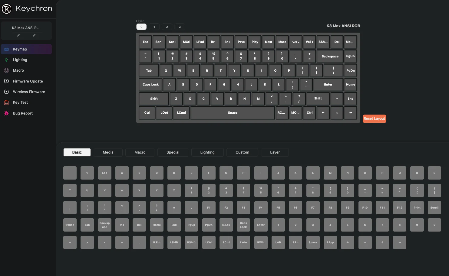უსადენო მექანიკური კლავიატურა Keychron K3 Max QMK/VIA Wireless Custom Mechanical Keyboard (K3M-H3) | Number of Keys: 84 (75%) Switches: Gateron low-profile mechanical Switch Face: North-facing Number of Multimedia Keys: 12  Frame Material: ABS+Aluminum frame Keycap Material: Low-profile double-shot PBT Layout: ANSI Polling Rate (2.4Ghz and Wired Mode): 1000Hz Polling Rate (BT Mode): 90Hz N-Key Rollover (NKRO): Yes for both wireless and wired modes | Backlit: 22 types of RGB backlight options plus endless possibilities Battery: 1550 mAh rechargeable li-polymer battery Wireless  Working Time (Backlit off): Around 73  hours (Lab test result may vary by actual use) Wireless  Working Time (RGB): Around 42 hours (Lowest brightness) Connection: 2.4 GHz / Bluetooth / Type-C wired Bluetooth version: 5.1 Bluetooth Device Name: Keychron K3 Max Compatible System: macOS / Windows / Linux | Dimension: 306 x 116 mm (12.04 x 4.56") Weight: 525 g / 1.16 lbs Height without keycap (front): 11 mm (0.43") Height without keycap (r