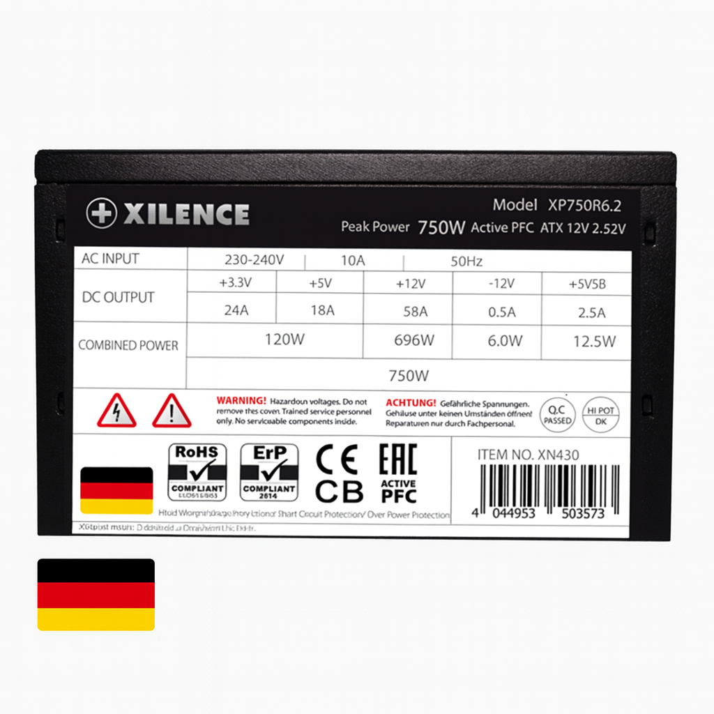 კომპიუტერის კვების ბლოკი Xilence XN430 | XP750R6.2 |  Performance C+ Series | XP750R6.2  PC power supply 750W | Version 2.52v |  80PLUS certification 80+ Standard, PFC  active | Fan size (mm) 120 |  (20+4-pin) , P8 (CPU)x1, P4+4(psu)x1,  PCI-E 6+2-pin (GPU)x2, SATA 15-pin (HDD, Drives)x5, PATA 4-pin x3 | 2YrW