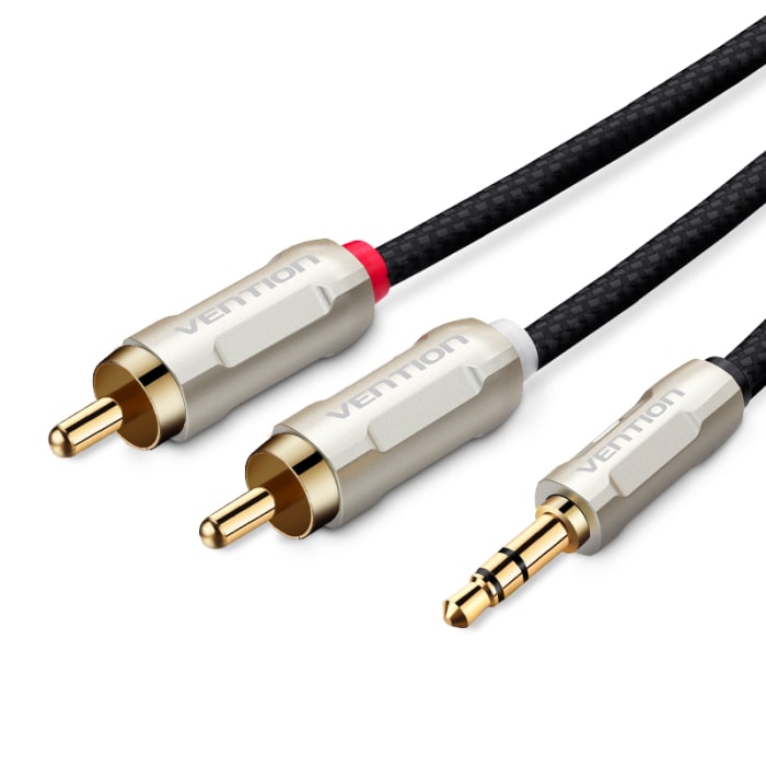 Audio კაბელი Vention Model/Item-NO: <BCIBH > Cotton Braided 3.5mm Male to 2RCA Male Audio Cable 2M Black Zinc Alloy Type