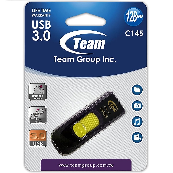 USB ფლეშ მეხსიერება 128GB TEAM TC1453128GY01 C145 3.0 DRIVE YELLOW RETAIL