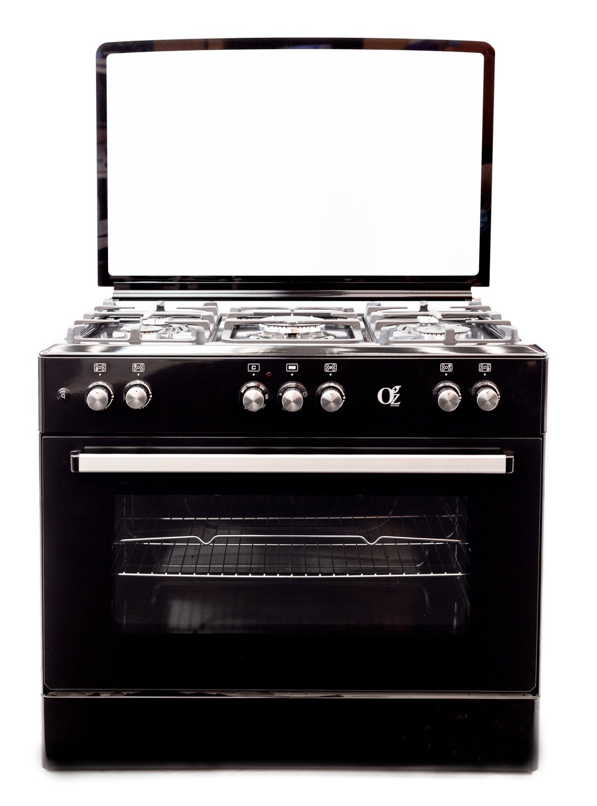 გაზქურა Oz OE 9050 BL / OBig90X60B5E Coocker, 5Gas, Wok, Oven-Electric, 7Function, Turnspit, Cast Iron,90x60x85, Black, Top glass