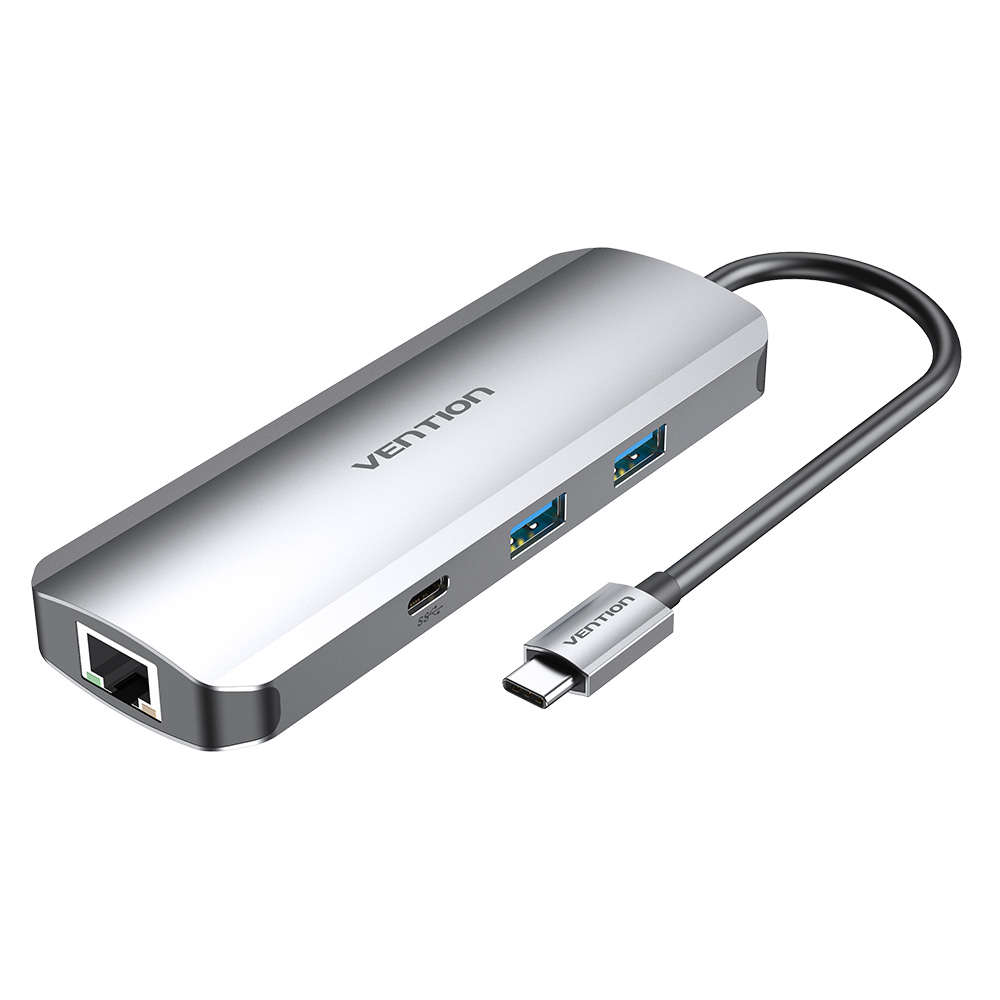 Type-C დოკ სადგური Docking Station Vention Model/Item-NO: <TOMHB > Multi-function USB-C to HDMI/USB-C Gen 1/USB3.0x2/RJ45/SD/TF/TRRS 3.5mm/PD Dockin