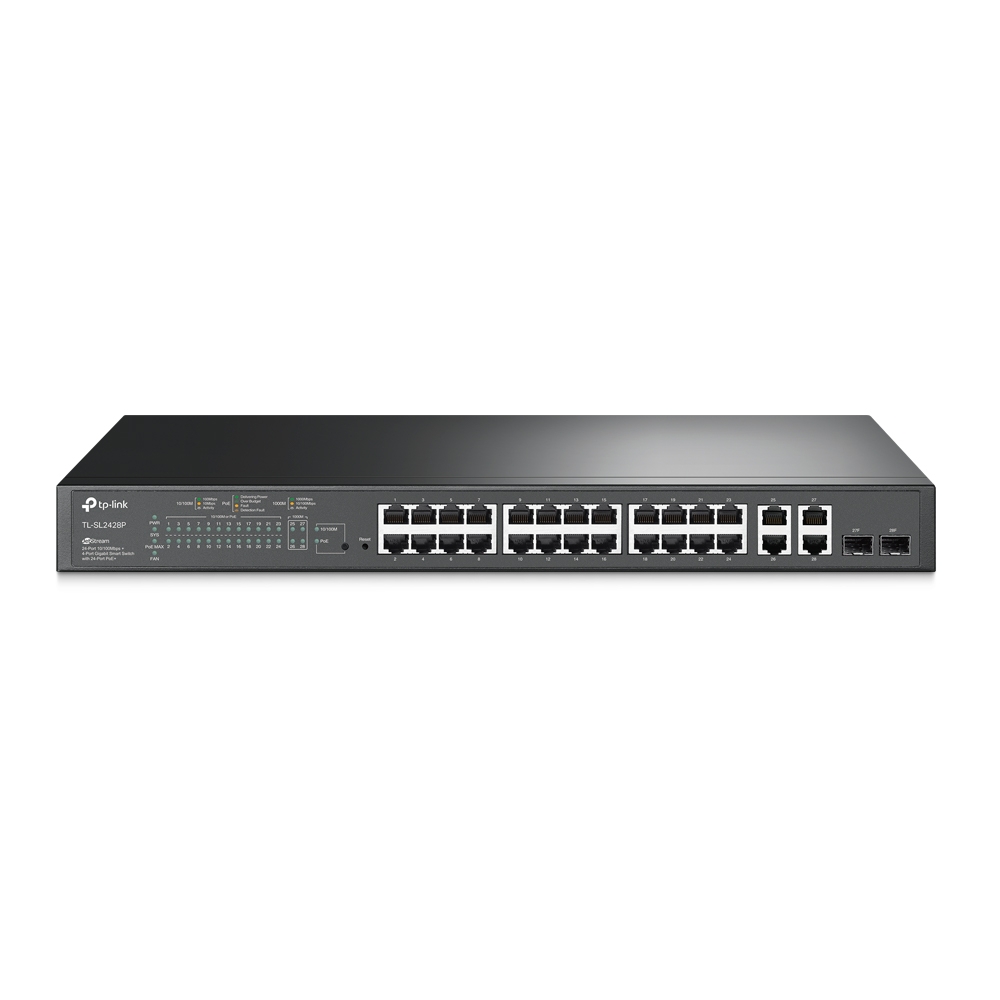 POE სვიჩი TP-Link TL-SL2428P witch management: L2, 24 100Mbps ports, 4 1Gbps ports, 2 uplink/stack/SFP (up to 1Gbps), rack mount, PoE/PoE+ support