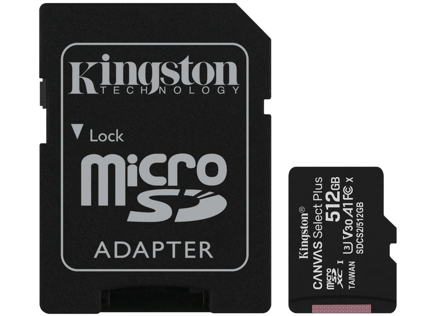 ფლეშ მეხსიერების ბარათი 512Gb MicroSD Kingston Canvas Select Plus + SD Adapter (SDCS2/512GB)memory card, microSDXC, 512 GB, read: 100 Mb/s, write: 85 Mb/s, A1, V30, adapter to SD