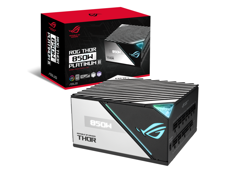 კვების ბლოკი ASUS ROG THOR (850W), >90%, 80+ Platinum, 135mm, 1xMB 24pin(20+4), 2xCPU 8pin(4+4), 6xMolex, 10xSATA, 83xPCIe 8pin(6+2), Fully Modular, ARGB, ROG-THOR-850P2-GAMING