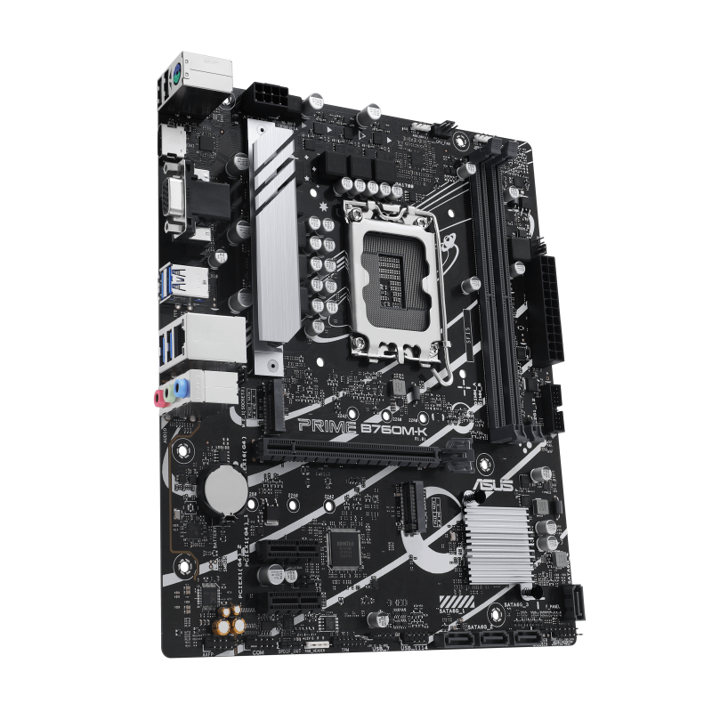 დედადაფა ASUS Prime B760M-K, an Intel® B760 LGA 1700 mATX motherboard with PCIe 4.0, two PCIe 4.0 M.2 slots, 2xDDR5, Realtek 2.5Gb Ethernet, VGA, HDMI™, SATA 6 Gbps, front USB 3.2 Gen 1, Aura Sync 90MB1FI0-M1EAY0