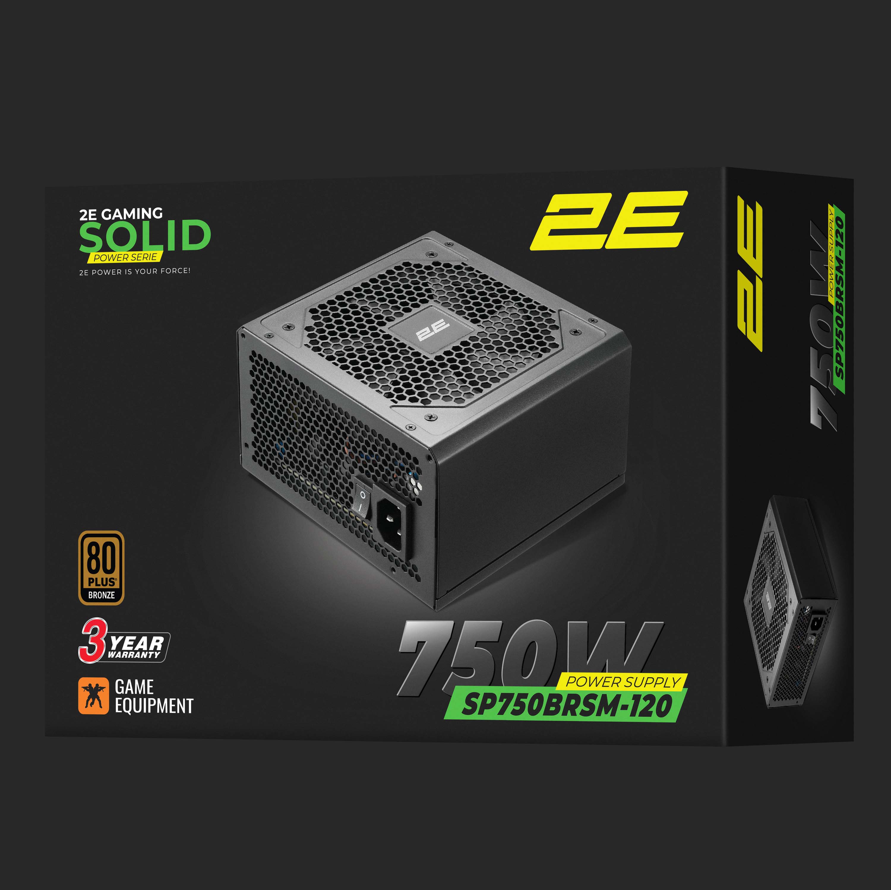 2E GAMING PSU Solid Power (750W), >85%, 80+ Bronze, 120mm, 1xMB 24pin(20+4), 2xCPU 8pin(4+4), 3xMolex, 6xSATA, 4xPCIe 8pin(6+2), Semi Modular