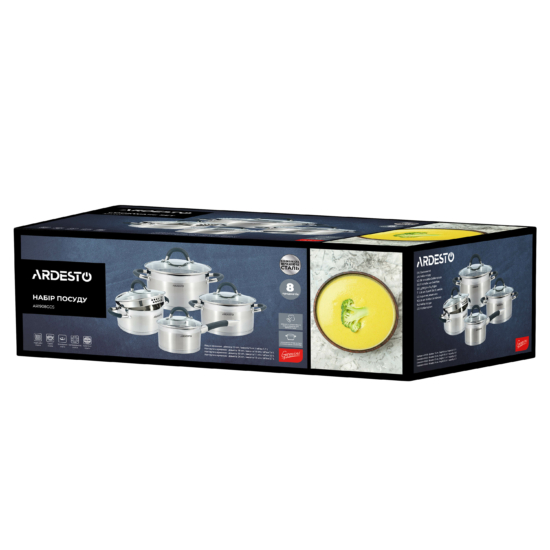 ქვაბის ნაკრებები Ardesto Cookware set Gemini Monza with drain, 8 pcs., Handles with gray silicone, stainless steel