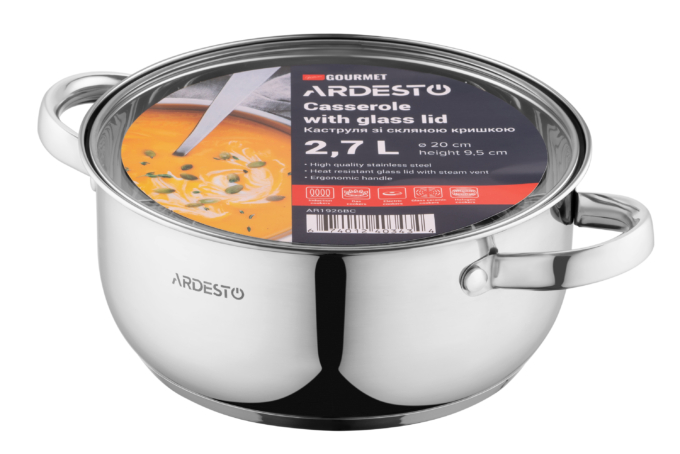 ქვაბი Ardesto Casserole with glass lid Gemini Gourmet Aosta, 2.7l, stainless steel