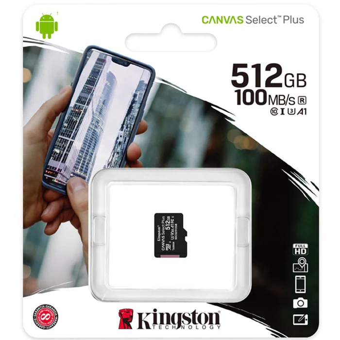 ფლეშ მეხსიერების ბარათი Kingston 512GB microSDXC Canvas Select Plus 100R A1 C10 (SDCS2/512GBSP) ( Single Pack W/O Adapter)
