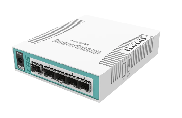 სვიჩი MikroTik CRS106-1C-5S | Smart Switch, 5x SFP cages, 1x Combo port (SFP or Gigabit Ethernet), 400MHz CPU, 128MB RAM, desktop case, RouterOS L5 | PoE in: Passive PoE, PoE in input Voltage: 11-30 V