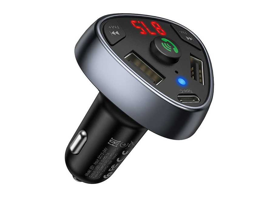 ტელეფონის დამტენი მანქანისთვის FM Transmitter/ Hoco E51 PD18W 2xUSB + 1xUSB-C Road treasure car BT FM transmitter Black
