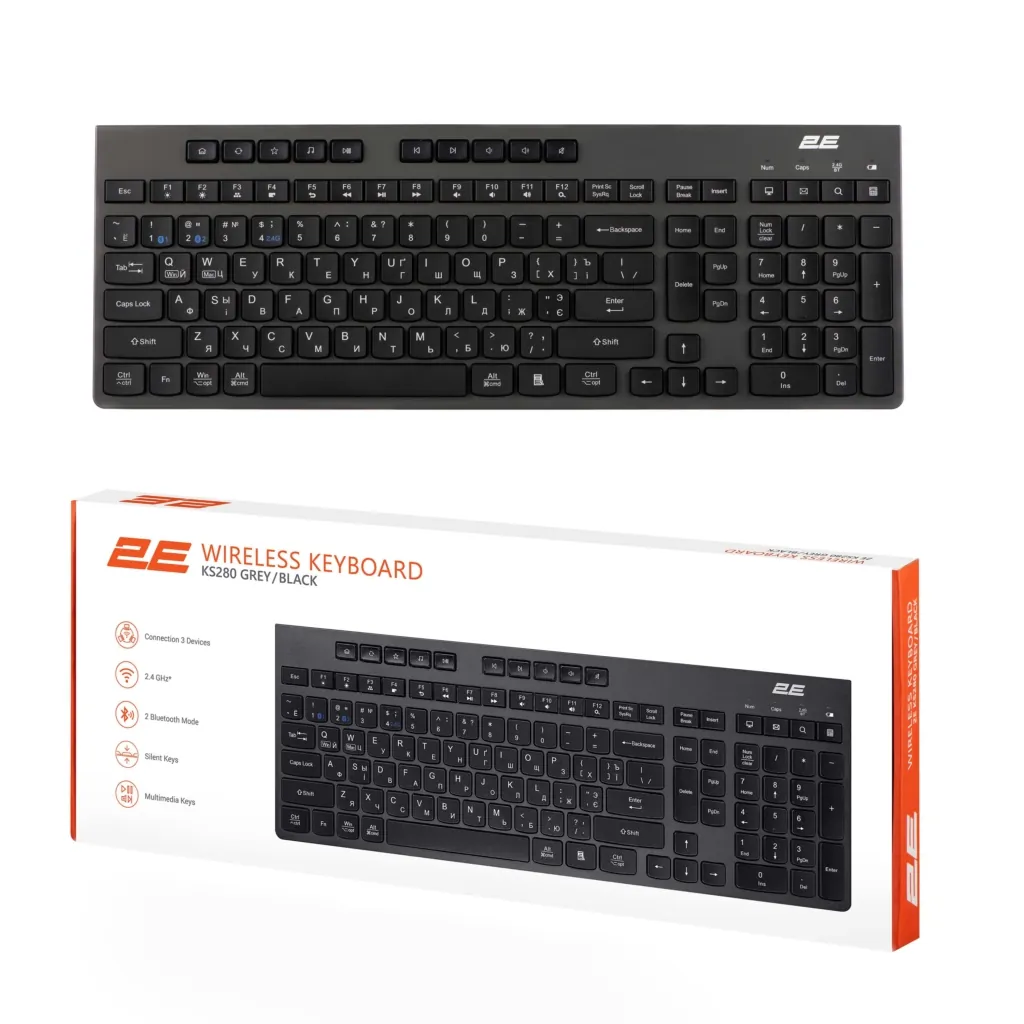 უსადენო კლავიატურა 2E Keyboard membrane KS280 120key, WL/BT, EN/UK/RU, silent, black-grey (2E-KS280WBGR_AK)