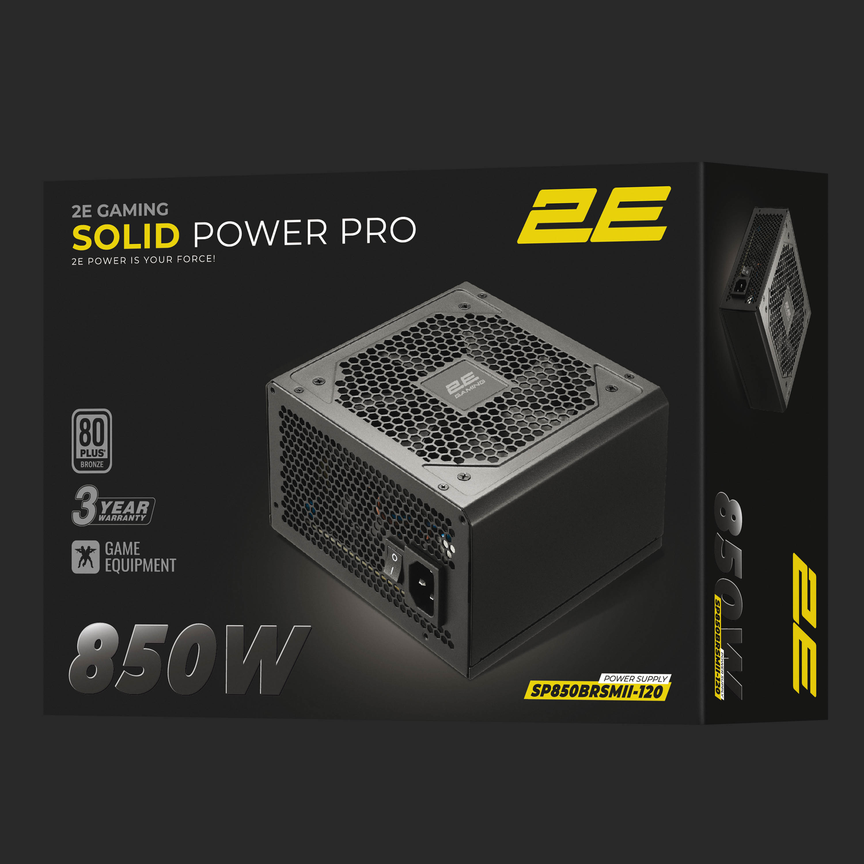 2E GAMING PSU Solid Power Pro (850W), >85%, 80+ Bronze, 120mm, 1xMB 24pin(20+4), 2xCPU 8pin(4+4), 3xMolex, 6xSATA, 4xPCIe 8pin(6+2), 1x12VHPWR, Semi Modular