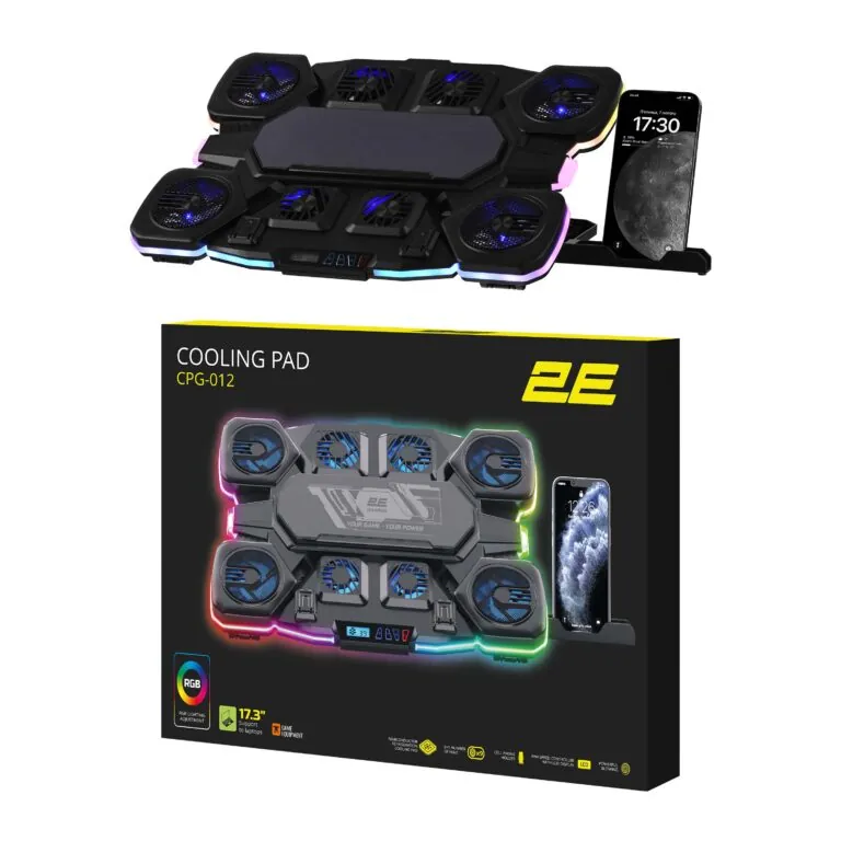 ნოუთბუქის გაგრილება 2E GAMING Laptop stand CPG-012, up to 17.3", 1xUSB-A, 1xUSB-C, LCD/semiconductor cooling pad, RGB, black (2E-CPG-012)