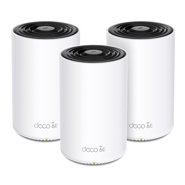 WiFi სისტემა TP-link Deco XE75 Pro (3-pack) AXE5400 Tri-Band Mesh Wi-Fi 6E System | 4-7+ Bedroom Houses (3-pack) | Mesh WiFi coverage up to 7,200 ft2 (3-pack), 5,500 ft2 (2-pack), and 2,900 ft2 (1-pack) | True Tri-Band Speed | 6 GHz: 2402 Mbps (802.11ax, HE160) 5 GHz: 2402 Mbps (802.11ax, HE160) 2.4 GHz: 574 Mbps (802.11ax)