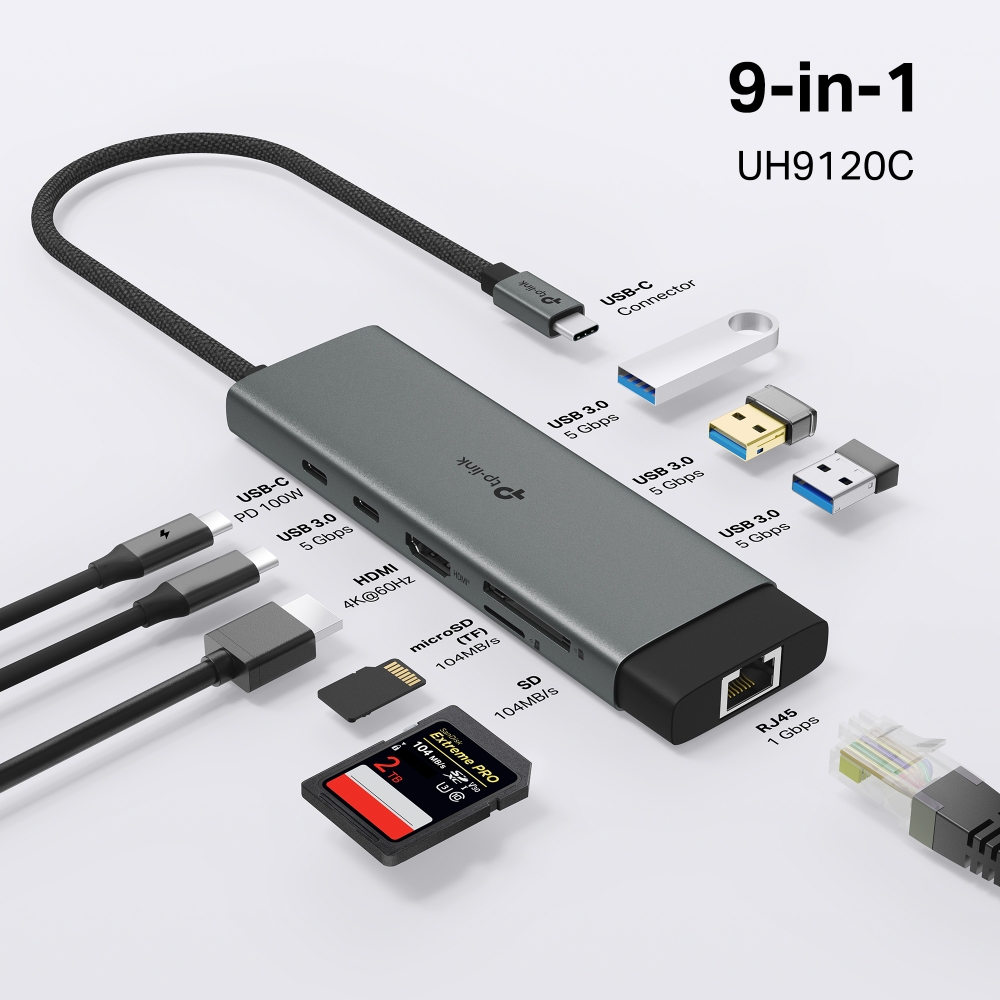 Type-C დოკ სადგური TP-Link UH9120C USB Type-C 9 in 1 Hub | 4K@60Hz HDMI, 1 Gbps ethernet, SD & microSD UHS-I, 100W Power Delivery, 1× USB-C Data Ports, 3× USB-A Data Ports.