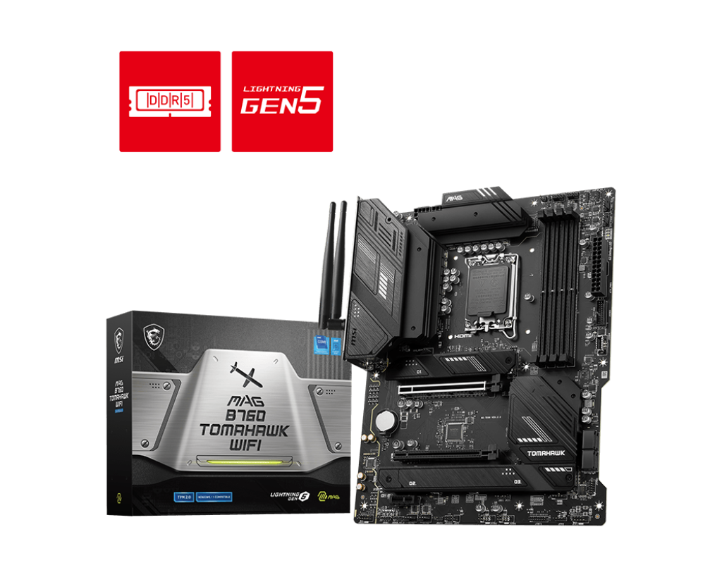 დედადაფა MSI MAG B760 TOMAHAWK WIFI ATX, socket LGA 1700, chipset Intel B760, 4xDDR5, PCI-E 5.0, 3xM.2, network: 2.5 Gbps, Wi-Fi, Bluetooth, HDMI, DisplayPort (911-7D96-019)