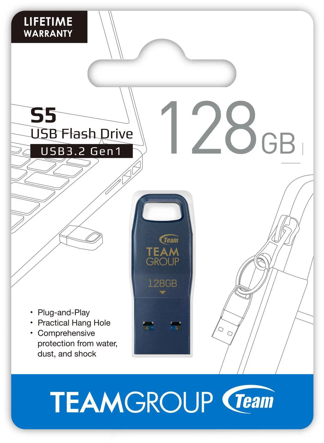 USB ფლეშ მეხსიერების ბარათი TEAM TS53128GL01 S5 USB 3.2 Gen1 128GB FLASH DRIVE BLUE