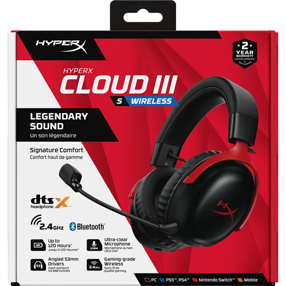 უსადენო/სადენიანი ყურსასმენი HyperX Cloud III S Wireless Black-Red Gaming Headset (A59Z0AA) | | 2.4GHz Wireless USB, Bluetooth version 5.3: Up to 120 hours | 64 Ω, Cable length 0.5 m