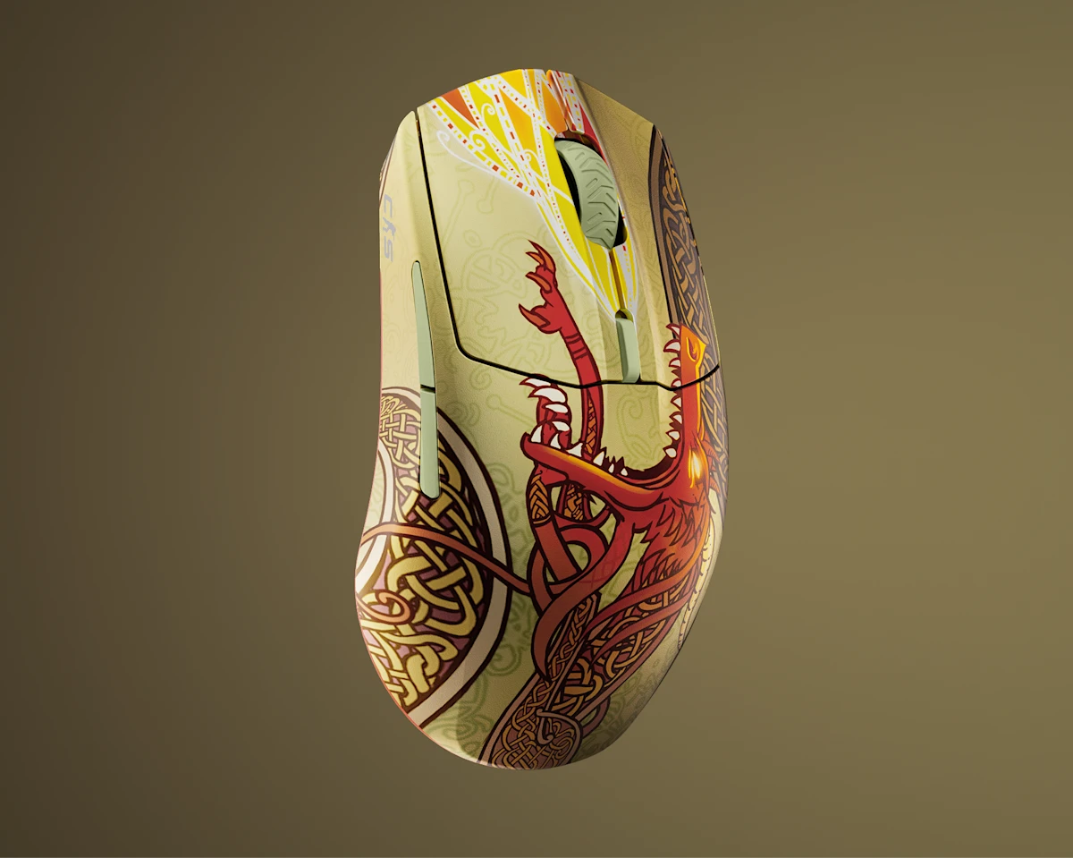 უსადენო Gaming მაუსი SteelSeries Wireless Gaming Mouse CS2 Dragon Lore Edition (62614_SS) | 2.4GHz / Bluetooth 5.0 | Shape Ergonomic, Right-Handed | Grip Style: Claw or Fingertip | Number of Buttons 6 | 3 RGB Zones | Up to 80 hours 2.4GHz Up to 200 hours Bluetooth | Weight 71g
