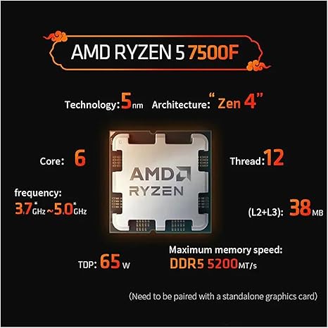 პროცესორი AMD Ryzen 5 7500F (100-000000597) OEM AM5, 6-core, 3700 MHz, Turbo: 5000MHz, Raphael, L2 cache - 6 MB, L3 - 32Mb, 5 nm, TDP 65 W (max. 88Tue)