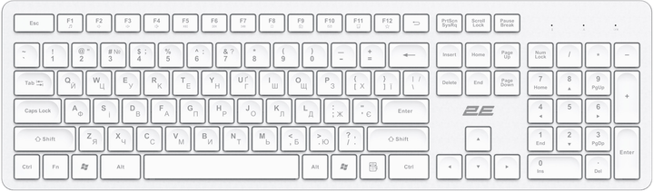 უსადენო კლავიატურა 2E Keyboard membrane KS260 106key, WL, EN/UK, white (2E-KS260WWH_UA)