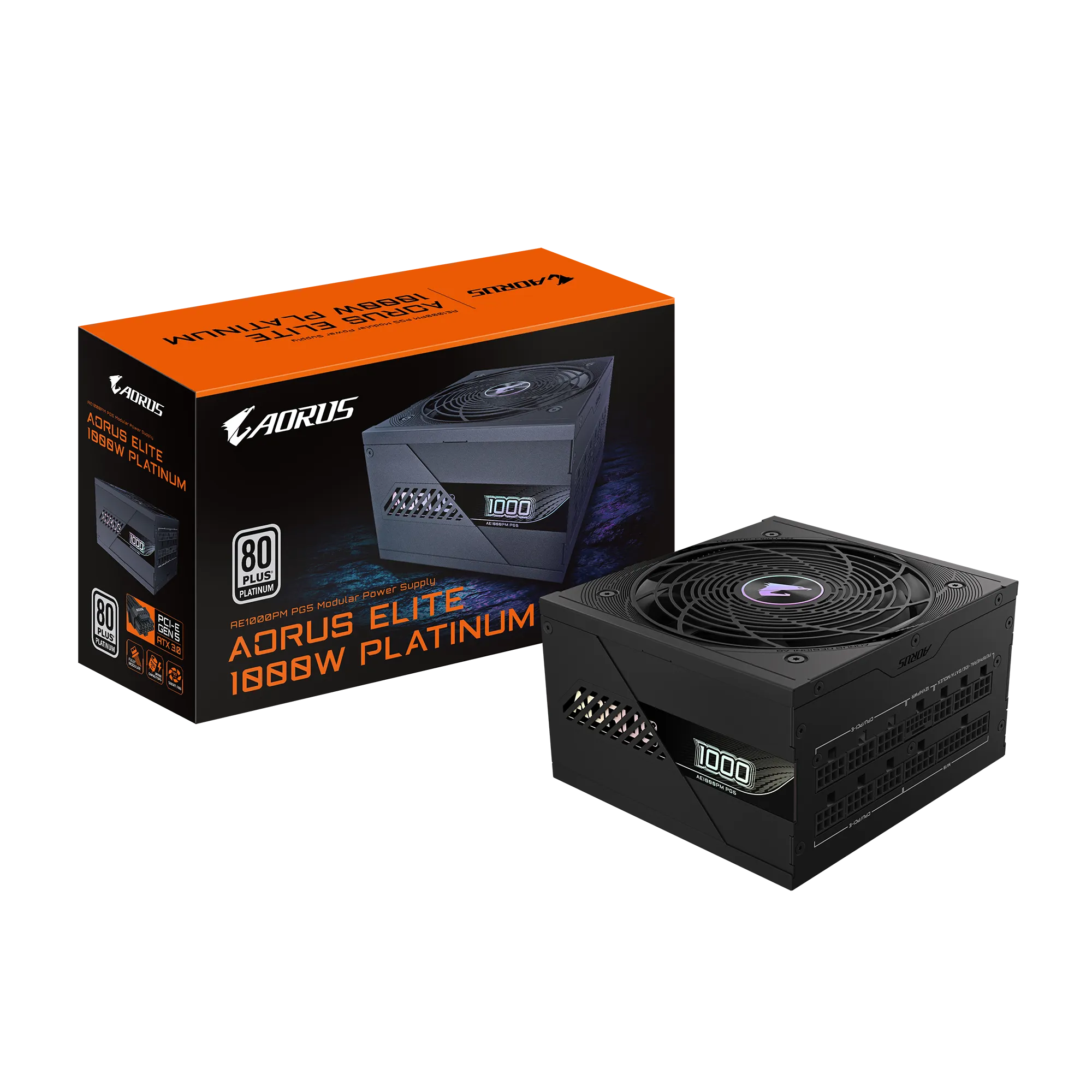 კვების ბლოკი 1000W Gigabyte AORUS GP-AE1000PM PG5 1000W power, ATX12V 3.0, active PFC, 120mm fan, 80 PLUS Platinum certification, detachable cables (GP-AE1000PM_PG5)