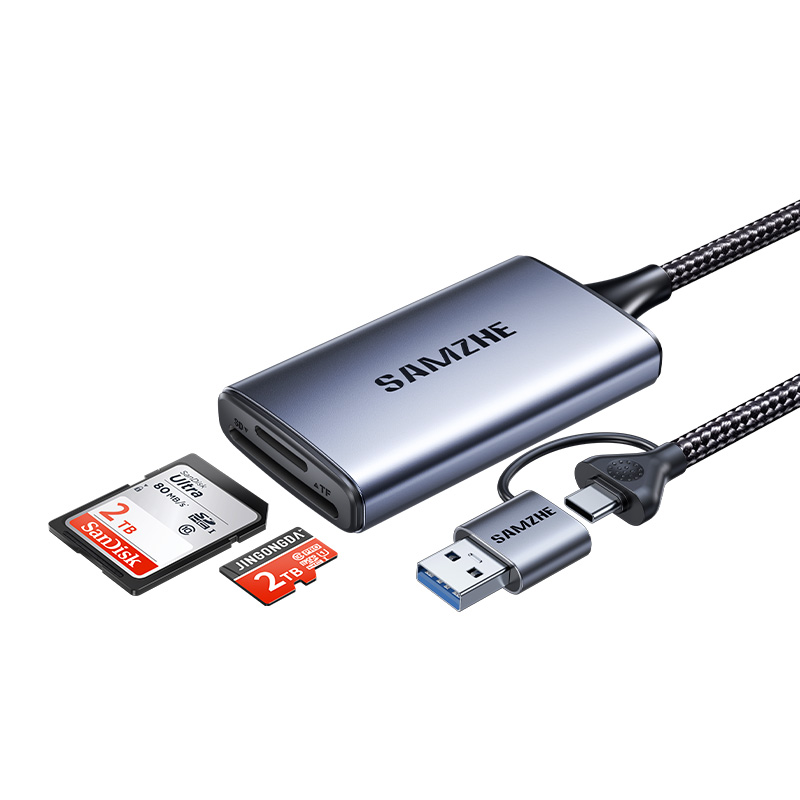ბარათის წამკითხველი SAMZHE (CRS42) | USB-C/USB-A to SD/TF4.0 Dual SIM Card Reader | Chip: GL3231S | Cable Length: 15cm
