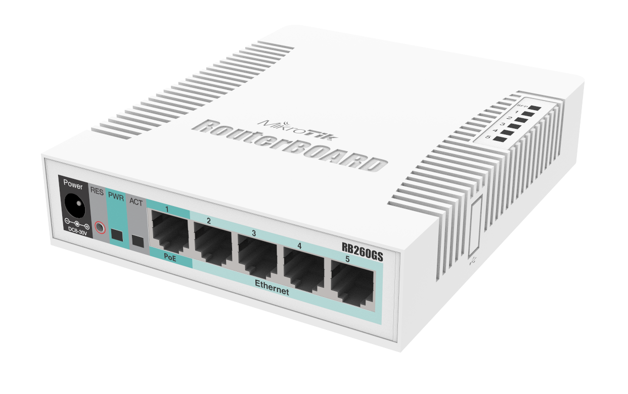 სვიჩი MikroTik RB260GS | 5 x 10/100/1000 Ethernet ports | Passive PoE (PoE-IN), SFP ports 1