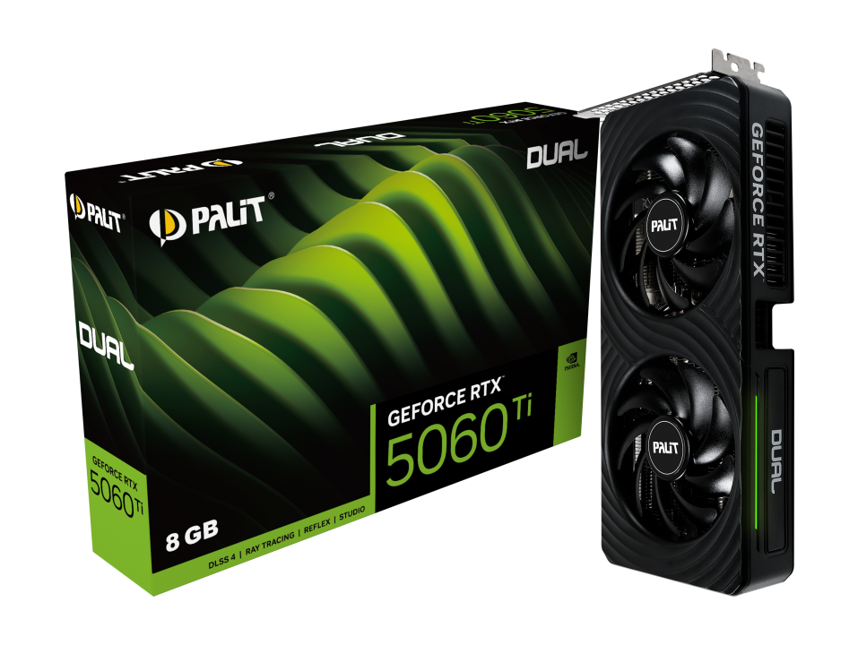 ვიდეო ბარათი Palit GeForce RTX™ 5060 Ti Dual 8GB (NE7506T019P1-GB2062D) | Graphics Clock 2407 MHz, Boost Clock 2572 MHz | HDMI HDMI 2.1b Display Port DP2.1b x 3 | 262.1 x 126.3 x 40.1 mm