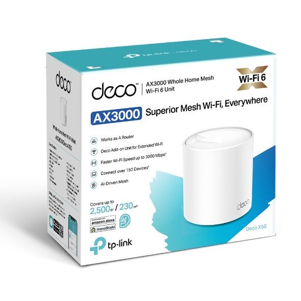 WiFi სისტემა Tp-Link Deco X50(1-pack) AX3000 Whole Home Mesh WiFi 6 Unit | 1-3 Bedroom Houses (1-pack) | Super-fast WiFi 6 with speeds up to 3.0 Gbps | 2×2/HE160 2402 Mbps + 2×2 574 Mbps | 3× Gigabit ports