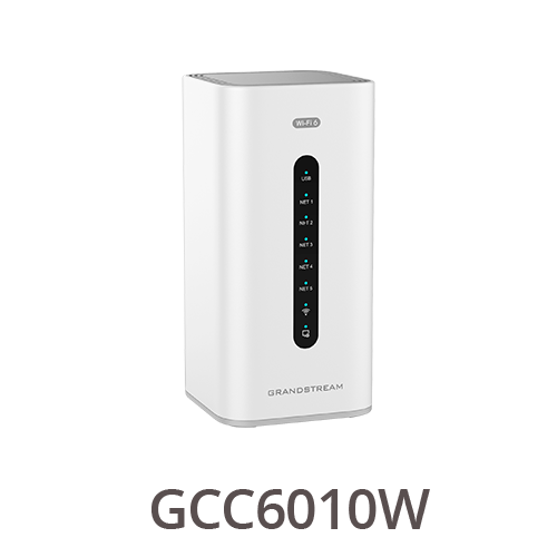 Wifi VPN როუტერი Grandstream GCC6010W | All-in-one convergence device: VPN Router, NGFW, Wi-Fi 6 AP and IP PBX. 5x GbE WAN/LAN, 3Gbps NAT routing, 160K NAT sessions, VPN 1Gbps, IDS/IPS 900Mbps, PBX up to 200 SIP users or 24 concurrent calls (default 12/4), cloud provisioning, local AP controller, 12V/1.5A PSU
