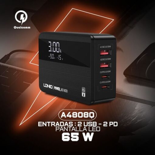 დენის ადაპტერი-დამტენი LDNIO (Model: A4808Q) LED Display 65W Desktop Charger SUPER FAST CHARGING (EAN: 6933138691946)