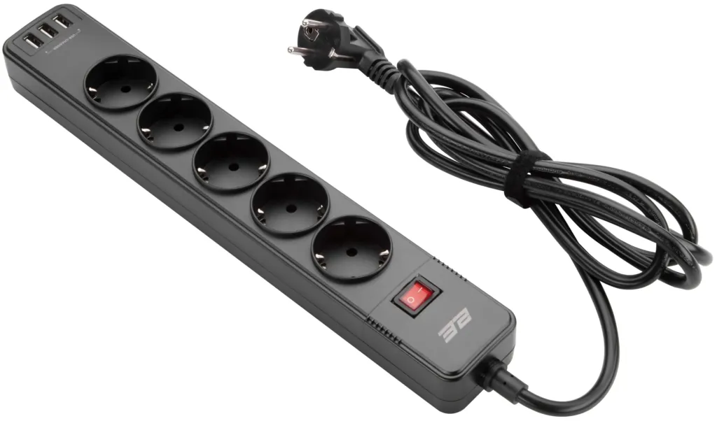 დენის დამაგრძელებელი 2Е Power strip with surge protector 5xType F, 3x1.5mm2, 16A, 3xUSB-A, 2m, black (2E-SP515M2USBBK)