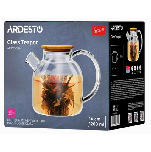 ჩაიდანი Ardesto Teapot Gemini 1200ml, borosilicate glass, bamboo, transparent AR3012GBM