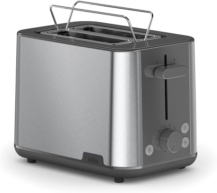 ტოსტერი BRAUN HT1510GY | 900 watts | 1.2 x 16.5 x 18.5 cm; 1.76 kg | Grey (Defrost: Yes, Stop toasting: Yes, Safety/security: 4-stage,Browning settings: 8,Reheat: Yes, Removable crumb tray: Yes, Control panel location: On the side of the appliance Smart heat control: Yes , Comfort lift function: No, Automatic bread alignment system: Yes )
