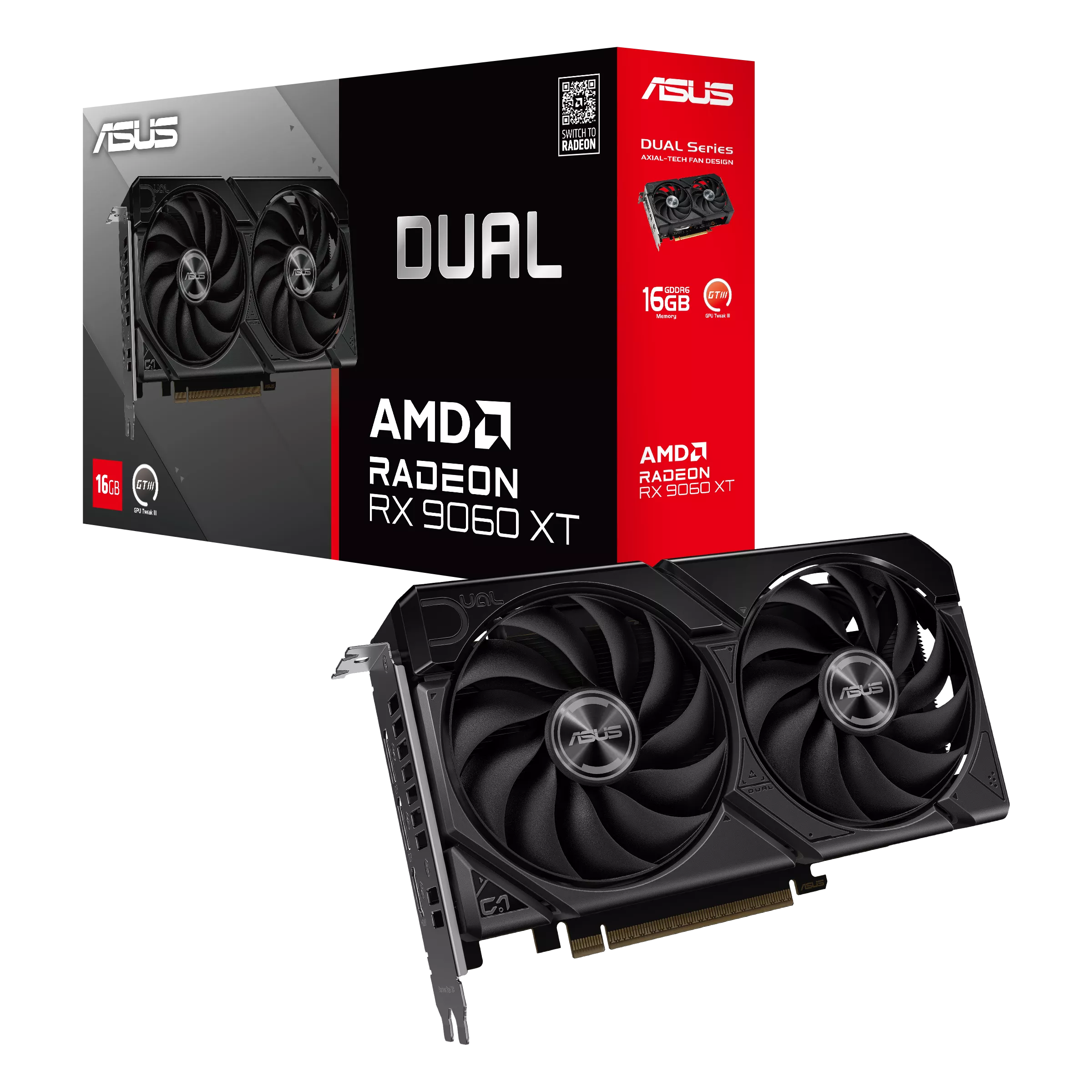 ვიდეო ბარათი ASUS Dual Radeon™ RX 9060 XT 16GB GDDR6 (90YV0LG2-M0NA00) | up to 3250 MHz (Boost Clock)/up to 2640 MHz (Game Clock) | 1 (Native HDMI 2.1b), x 2 (Native DisplayPort 2.1a)